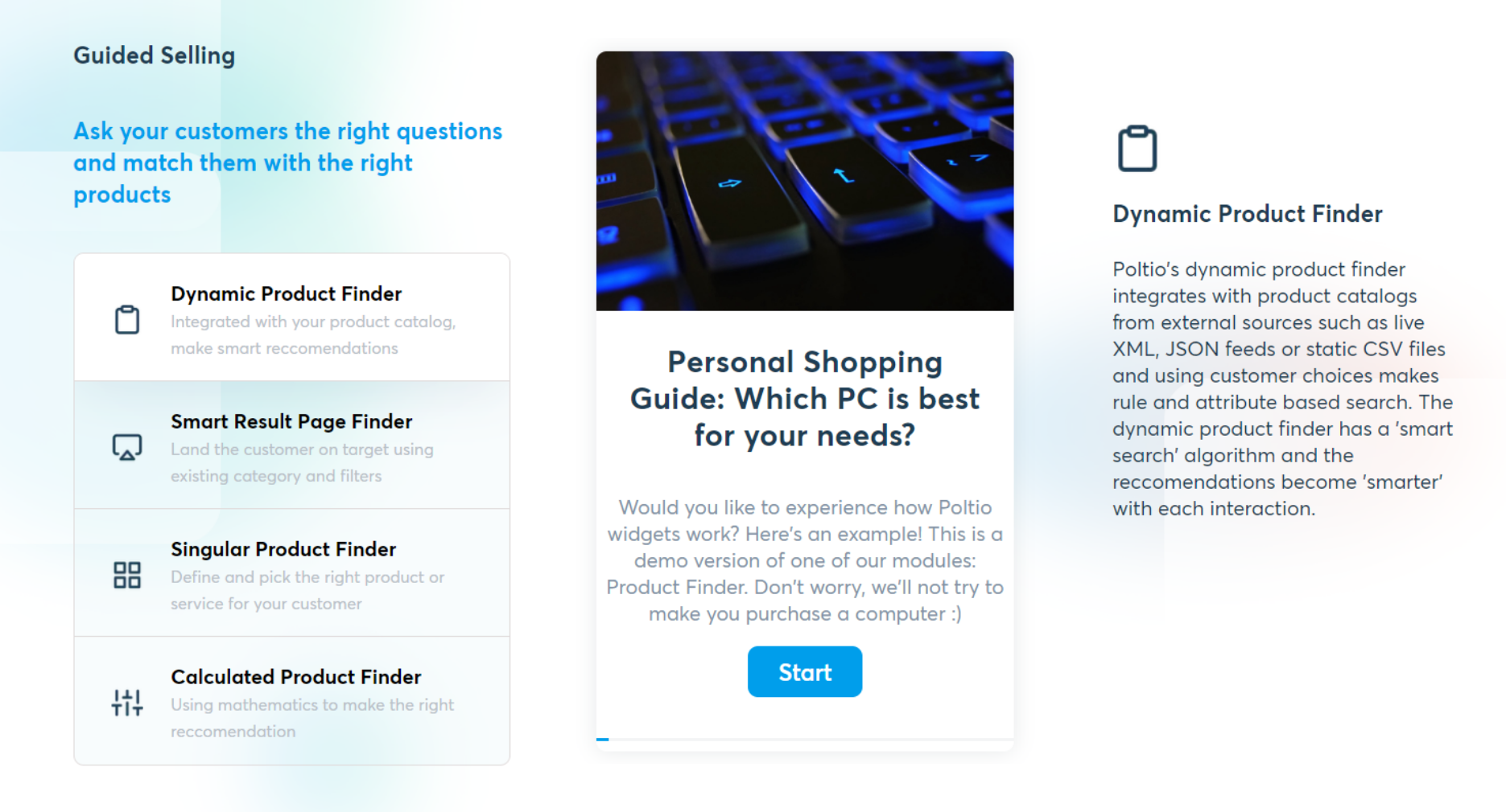 Guided selling product finder matching customer needs with relevant product recommendations