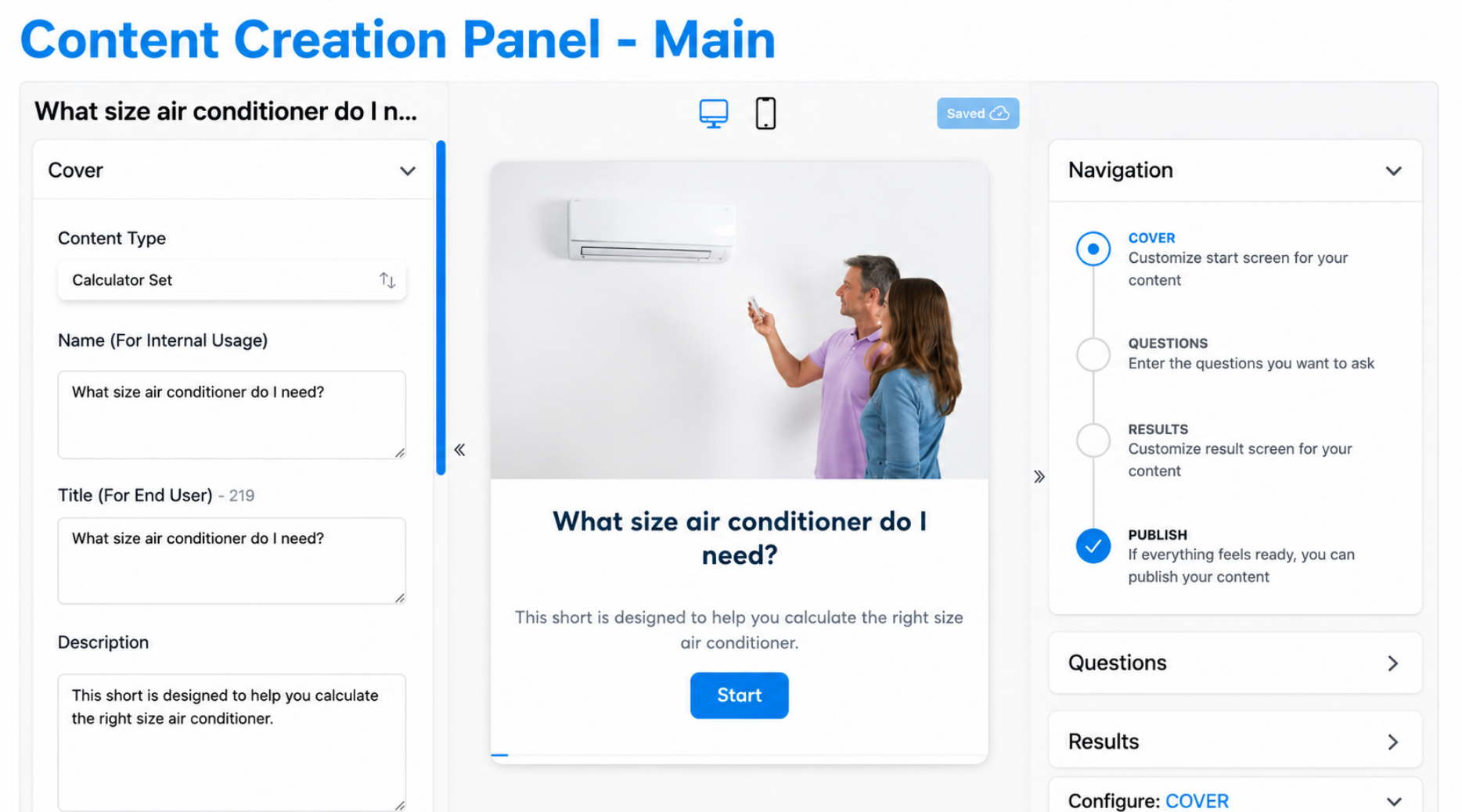 Interactive product quiz creation panel for building and publishing guided shopping experiences