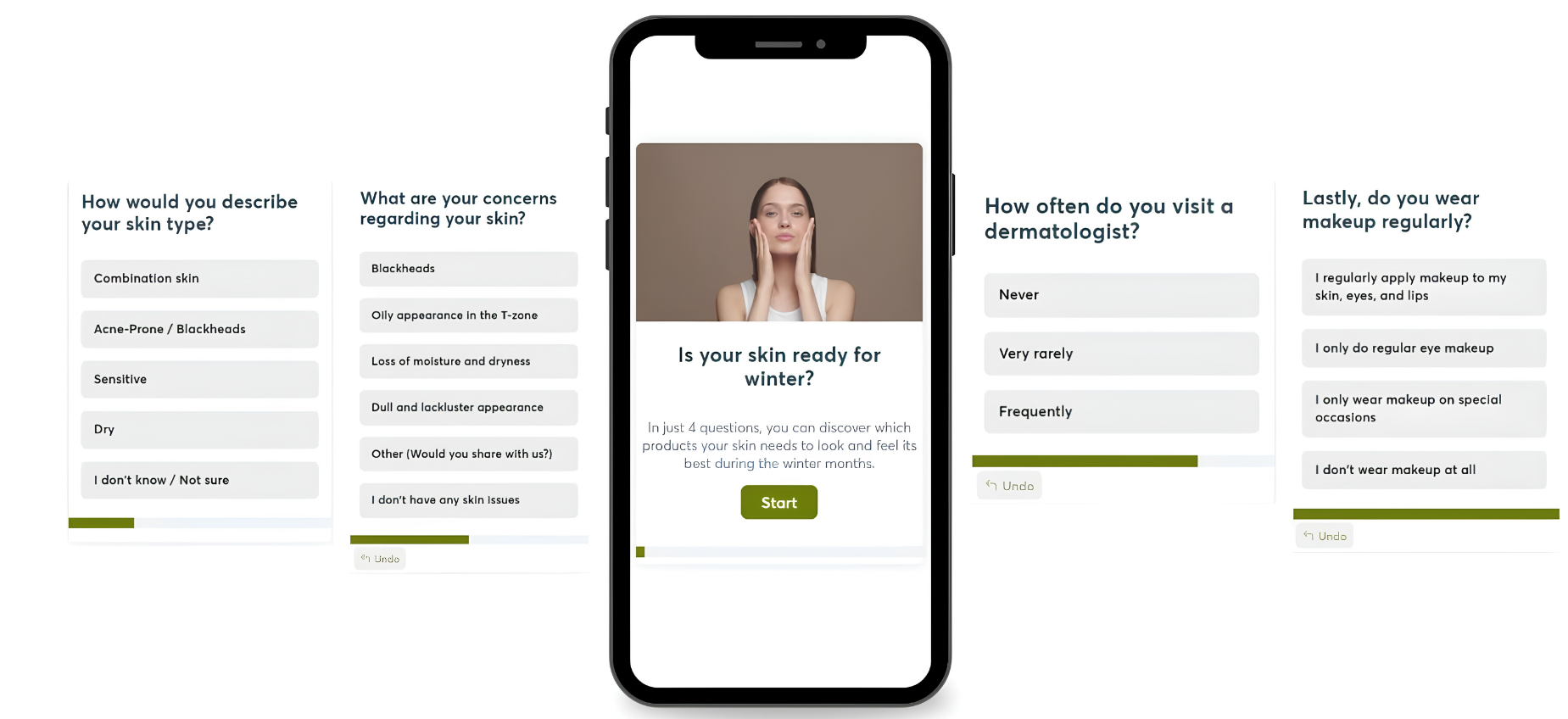 Guided selling quiz asking skincare questions to personalize product recommendations