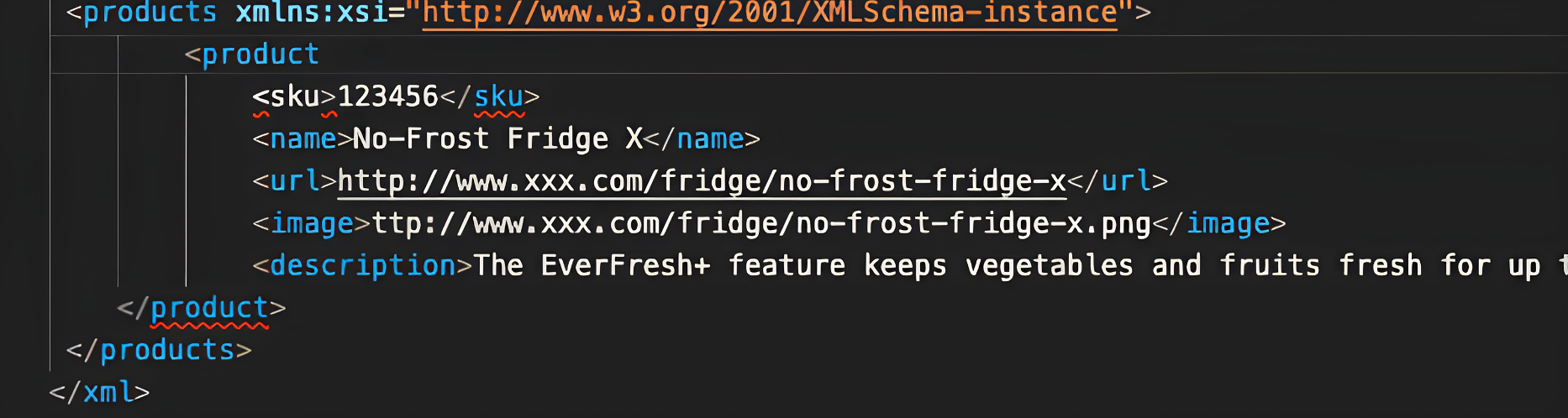 Invalid XML product feed showing structural errors that can affect product recommendations