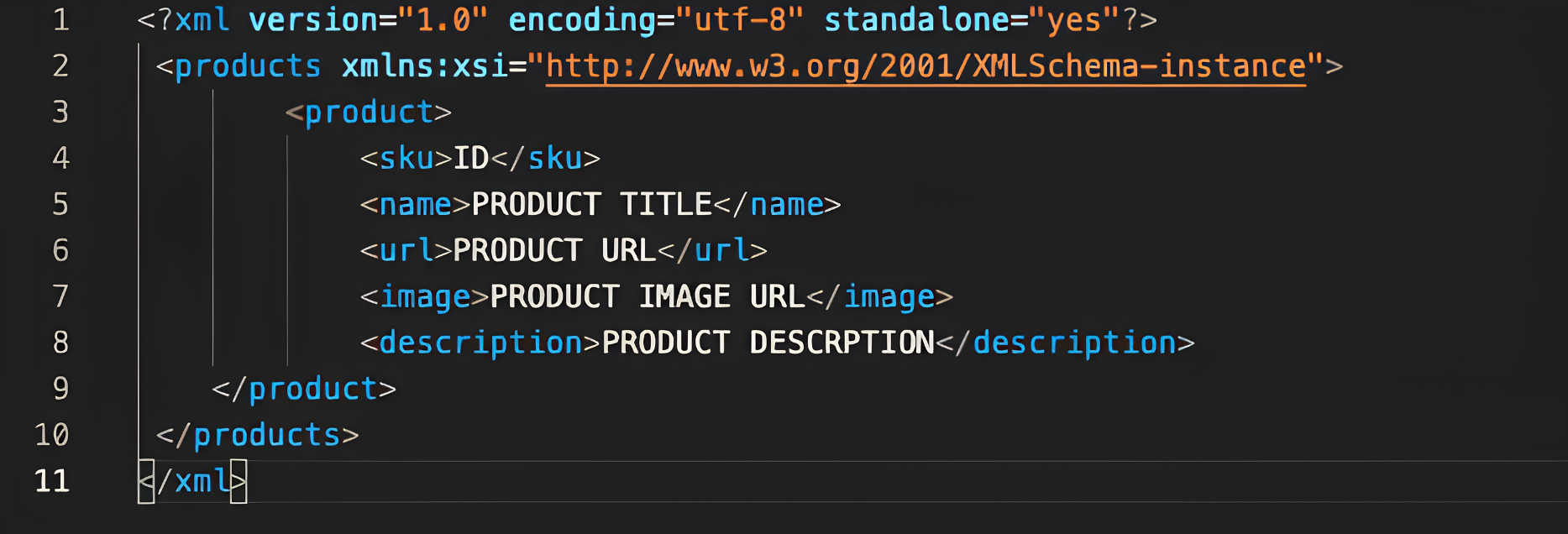 Basic XML product feed with ID, title, image, description and product URL fields