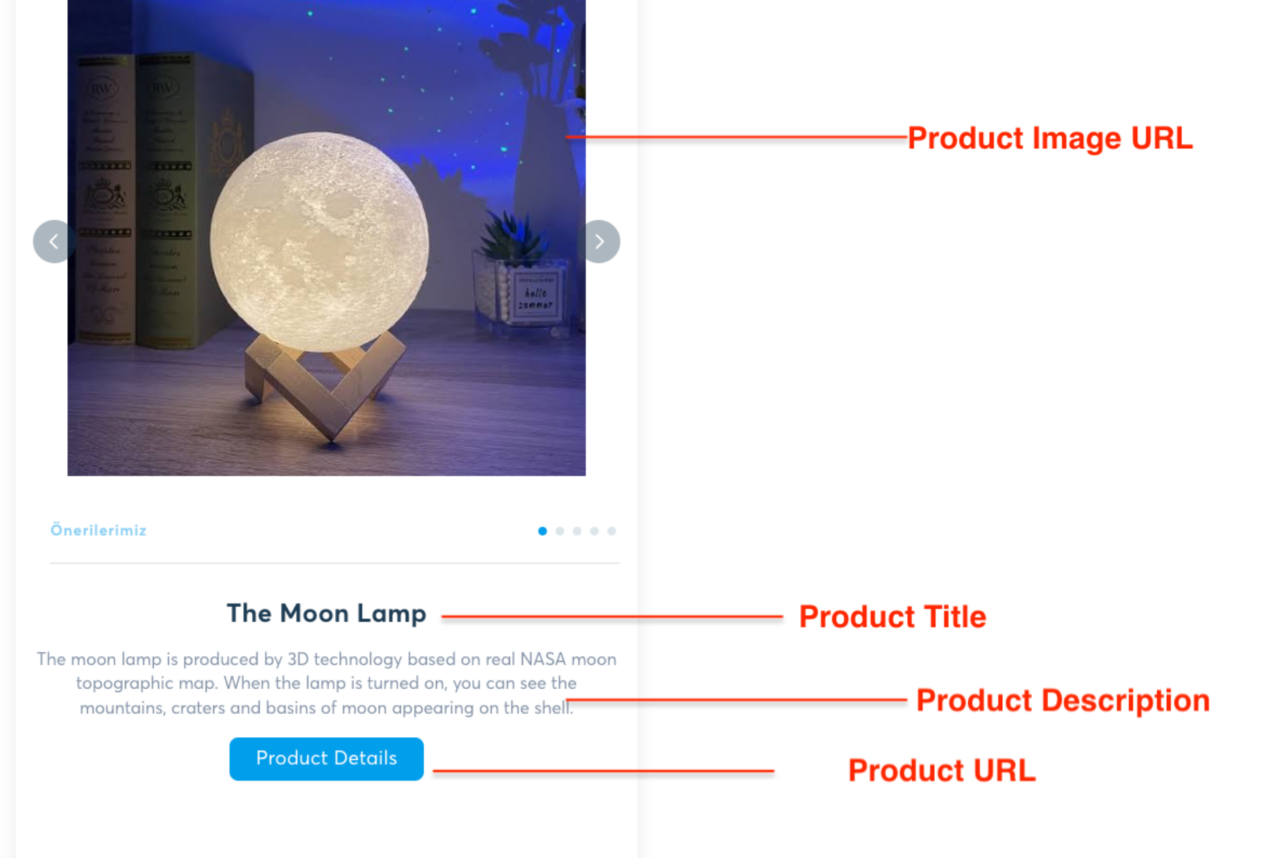Product result card using XML image, title, description and product URL data