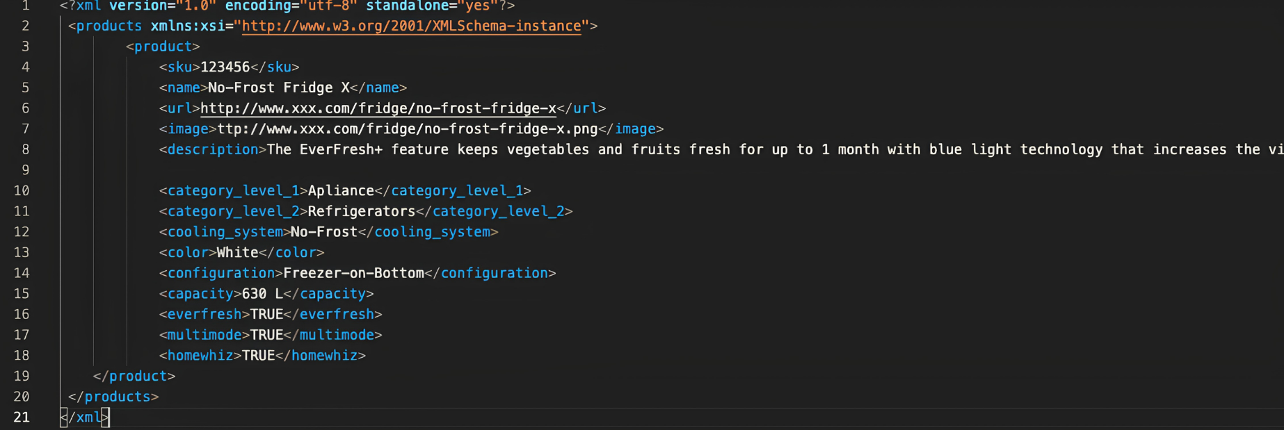 Refrigerator XML feed with product attributes for Digital Shopping Assistant recommendations